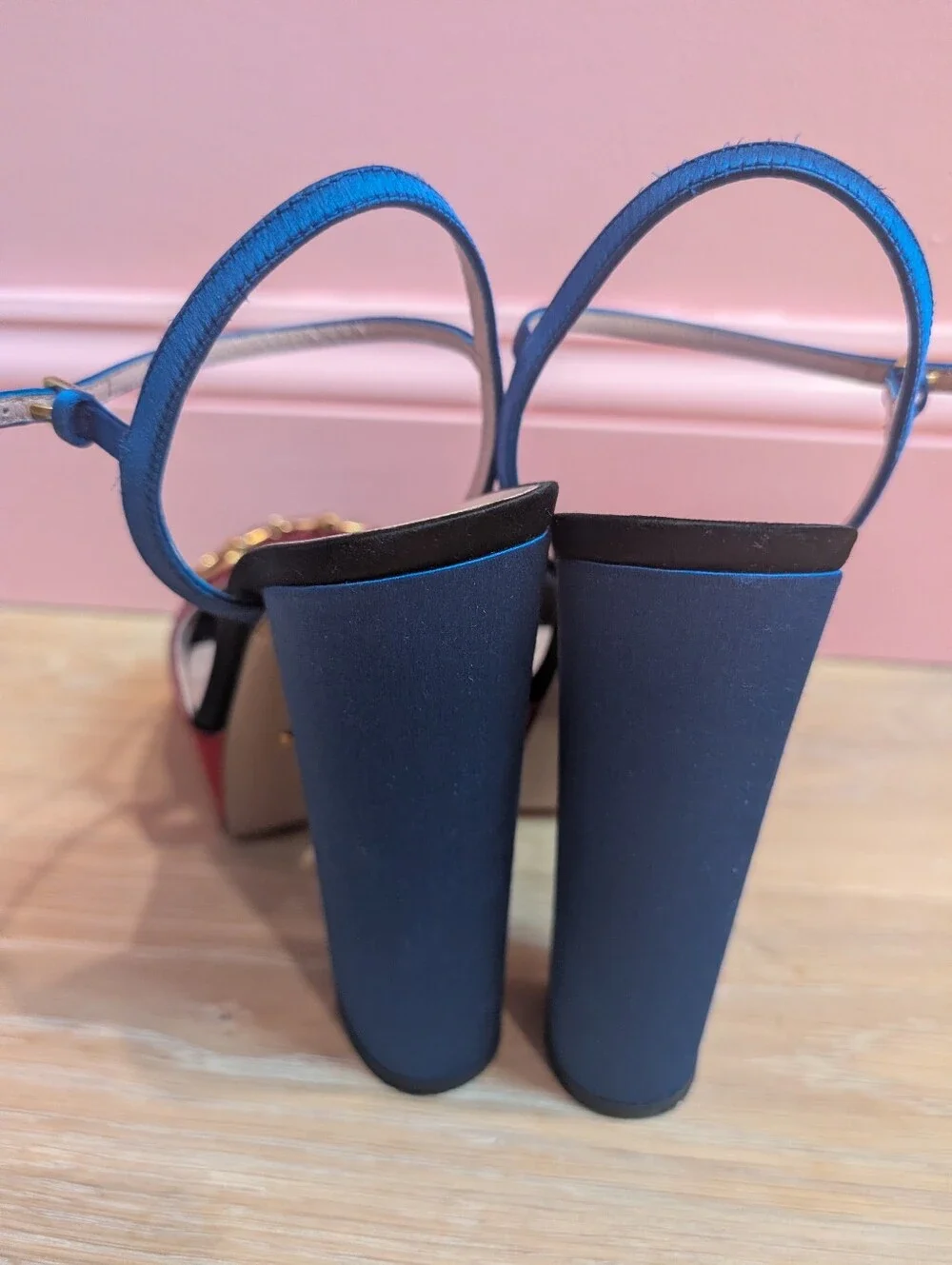 Gucci Claudie Horsebit Satin Platform Sandal Heel Blue Red/Burgundy38.5 Designer